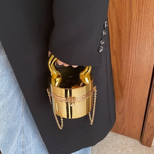 Elegant gold cylindrical acrylic box bag with metallic handle and chain shoulder strap