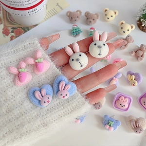 Cute plush flocked cartoon rabbit and bear stud earrings for women in candy colors