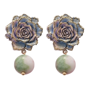 French vintage rose flower earrings with blue purple petals and marble bead charms