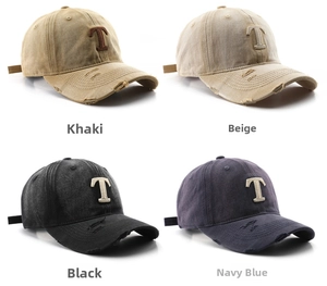 Distressed washed baseball caps with embroidered T in khaki, beige, black and navy colors