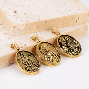 18k gold plated oval stainless steel pendants featuring vintage religious embossed figures