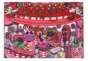 Detail of pink theater-themed cartoon stickers with miniature hats and masks