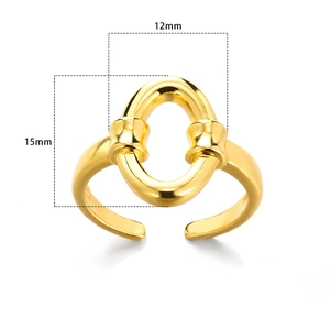 Gold-plated adjustable open ring featuring hollow oval design and dimensions markings