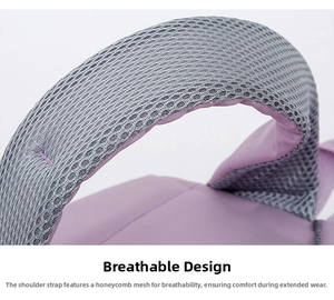 Detail of purple nylon backpack straps showing breathable honeycomb mesh padding