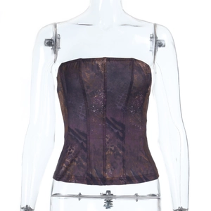 Detailed view of corset top featuring purple and brown abstract textured patterns