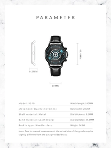 Detailed size specifications for a men's quartz watch with black leather strap and gear dial