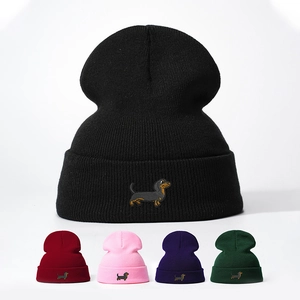 Dachshund Embroidery Knitted Beanie Acrylic Warm Ribbed Cuffed Winter Hat For Women And Men Casual Outdoor