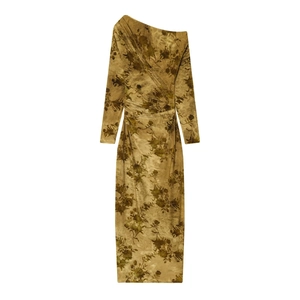 Robe Maxi À Une Épaule Velours Flocage Manches Longues Plissée Imprimé Fleuri Vintage Asymétrique Encolure Oblique Pour Femmes