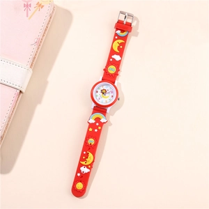 Detailed view of red children's watch with colorful sun and moon patterns on silicone strap