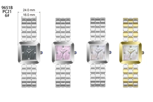 Detail view of square mother of pearl watches with link strap and dimension markings