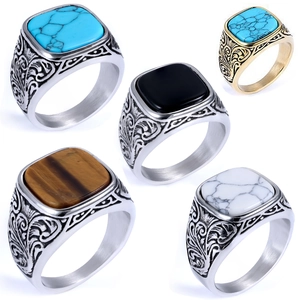 Retro engraved square turquoise rings set in vintage silver and gold plating