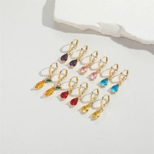 Chic gold-plated hoop earrings with colorful teardrop zircons in multiple vibrant colors