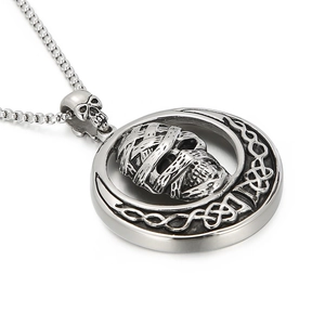Gothic silver stainless steel mummy skull pendant necklace with crescent moon and wings