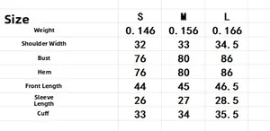 Detailed size chart for crochet short sleeve cardigan including S, M and L measurements