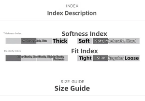 Detaillierte Größentabelle und Materialindex für figurbetonte Passform und weichen Stoff