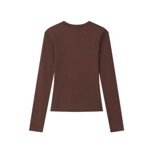 Detailed flat lay of dark brown modal stretch long sleeve T-shirt with crew neck
