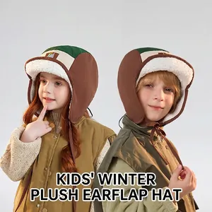 Winter fleece-lined trapper hat for kids with earflaps and windproof patchwork design