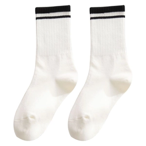 Classic white crew socks with black stripes on top made from soft cotton for daily sport wear