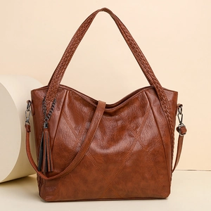 Large Capacity Women Handbag PU Leather Rhombic Stitching Braided Handle Tassel Charm Multi Pocket Shoulder Bag