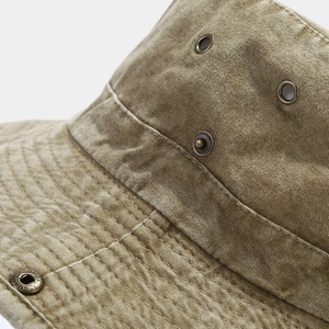 Retro washed cotton sun hat with wide brim, metal eyelets and adjustable chin strap