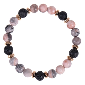Detail of 8mm pink zebra jasper and black lava stone beads with rose gold metal spacers