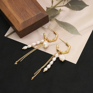 Vintage Baroque Freshwater Pearl Tassel Earrings For Women Gold Plated Bamboo Hoop Earring 925 Sterling Silver Post Jewelry
