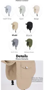 Detailed grid of winter windproof earflap hats showing seven colors and adjustable buckle