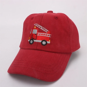 Detailed close-up of dark red cotton baseball cap with embroidered cartoon fire truck