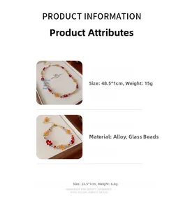 Détails de l'ensemble collier et bracelet à fleurs perlées avec mesures de taille précises