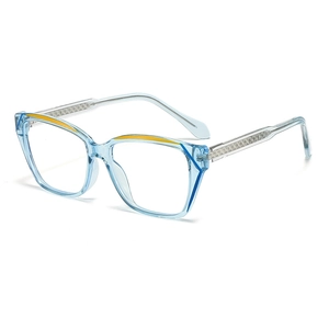Blue transparent anti-blue light glasses with yellow decorative accents and textured temples