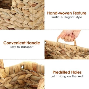 Detail of handwoven water hyacinth storage basket showing handle and wall mounting hole