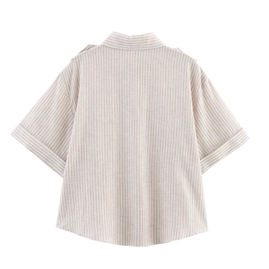 Rear view of a loose-fit striped short sleeve shirt with classic lapel in beige and white