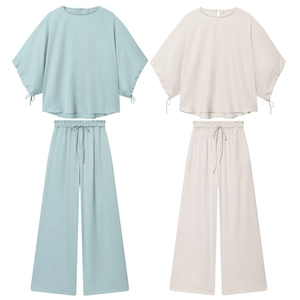 Women Solid Polyester Puff Sleeve Blouse And Wide Leg Pants Casual Breathable Loungewear Elastic Waist Drawstring Chic