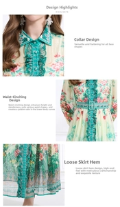 Detailansicht von Rüschenkragen und Gürteltaille an einem bedruckten Chiffon-Maxikleid
