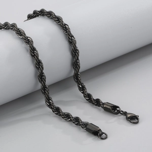 Professional black twisted rope chain necklace in stainless steel with lobster clasp closure