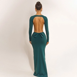 Rückenfreies Maxikleid Langarm Seitenschlitz Taille Ausschnitt Schleife Elegant Abendparty Kleid Einfarbig Slim Fit Rundhals