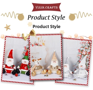 Detailed view of silver, gold and red plush Santa, Snowman and Reindeer holiday figurines