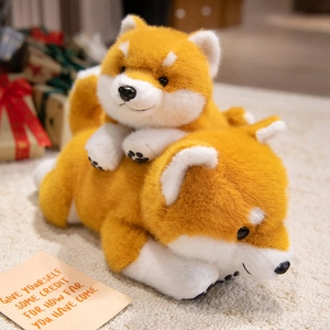 Plush Shiba Inu dog doll set with soft orange fur and realistic sitting pose