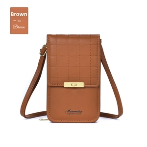 Close-up of brown PU leather phone bag featuring quilted pattern and gold metal buckle