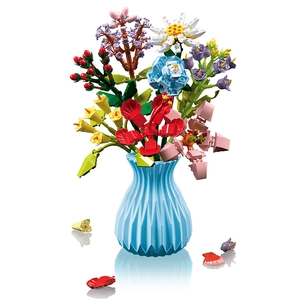 Building block flower bouquet with blue vase DIY artificial floral home decor gift
