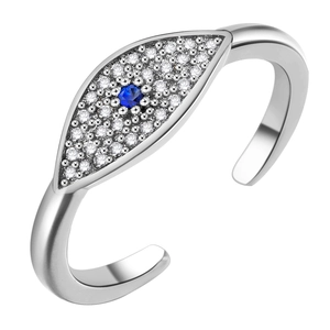 Adjustable evil eye ring in silver finish with blue crystal and white cubic zirconia