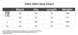 Detailed size chart for women's pleated sports skirt including waist and length data