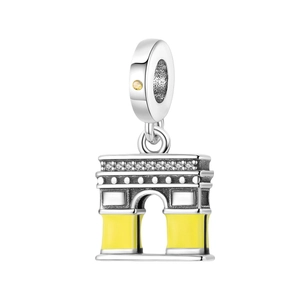 Silver Arch de Triomphe charm with yellow enamel columns and sparkling crystal accents