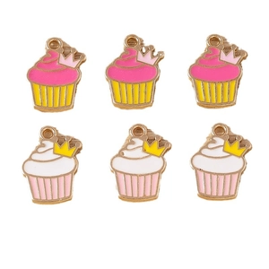 Enamel cupcake charms with crowns and hanging loops for DIY jewelry making
