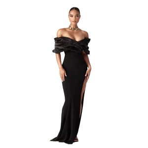 Elegant black off-the-shoulder evening dress with high slit and satin fold details