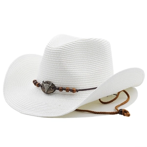 White woven cowboy hat with bull skull charm, brown beads and adjustable chin strap