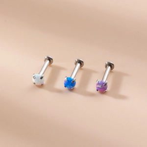 16G stainless steel labret studs featuring 3mm white, blue, and purple opal stone inlays