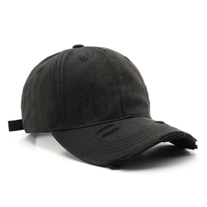 Classic distressed black washed cotton baseball cap with retro ripped holes for sun protection