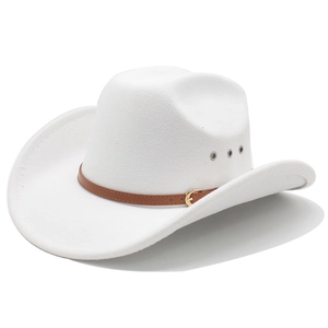 White western cowboy felt hat with brown leather band and gold buckle on white background