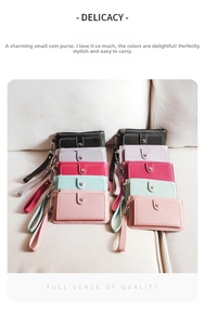 Detailed display of multi-color PU leather coin purses with wristlet on cream surface